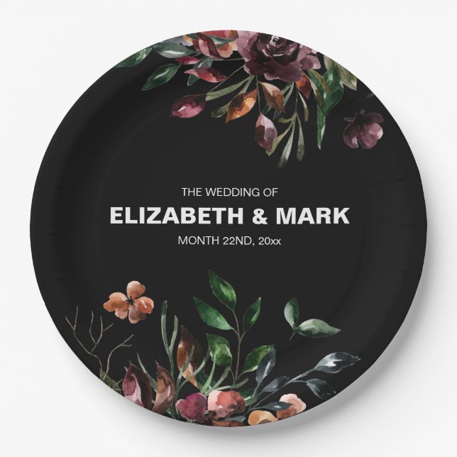 Personalised Moody Watercolor Florals Wedding Paper Plate (Front)