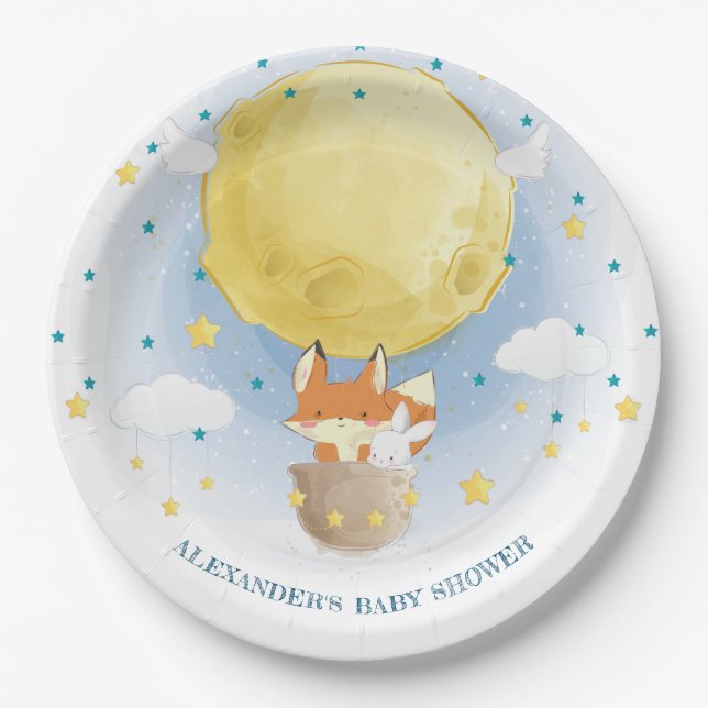 Personalised Moon Air Balloon Baby Shower Paper Plate (Front)