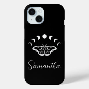 Personalised Moon Phase Moth Black and White iPhone 15 Case