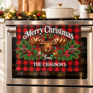 Personalised Moose Christmas Dish Towel, Red Buffa Tea Towel