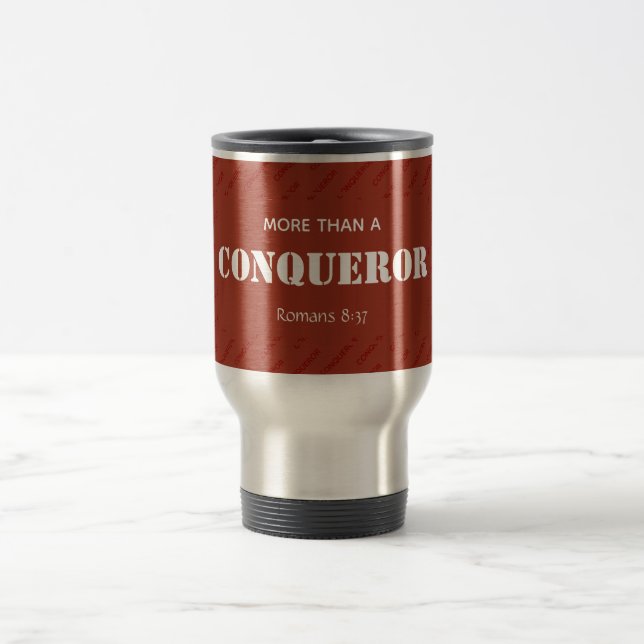 Personalised MORE THAN A CONQUEROR Christian RED Travel Mug (Center)