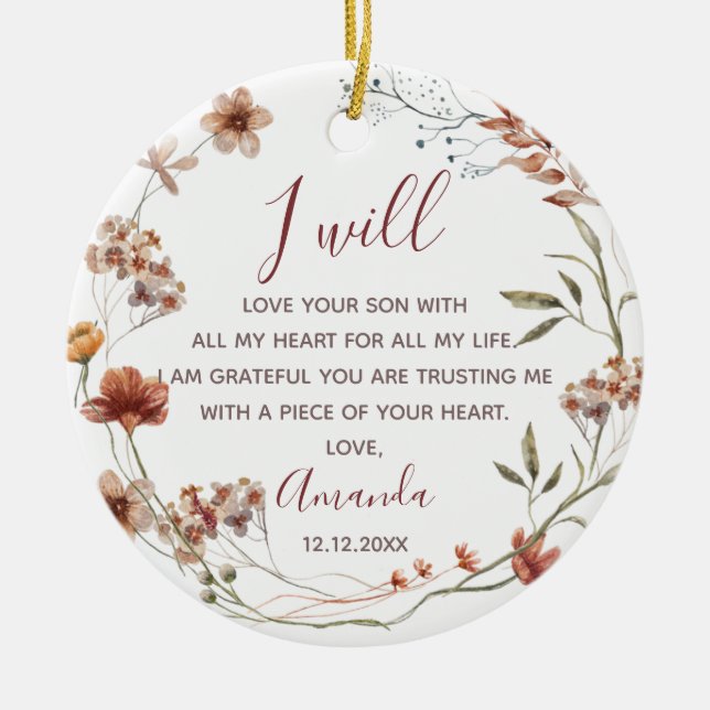 Personalised Mother of the Groom Boho Wildflowers Ceramic Tree Decoration (Front)