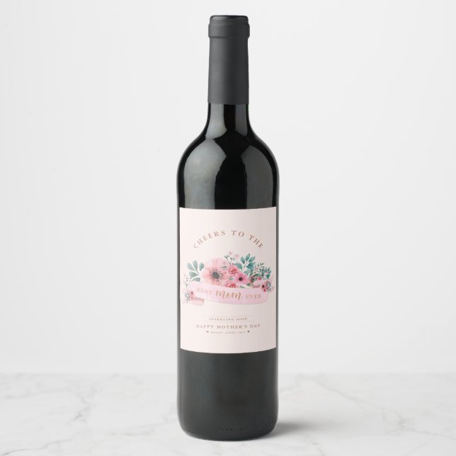 Personalised Mother's Day Pink Watercolour Floral  Wine Label (Front)