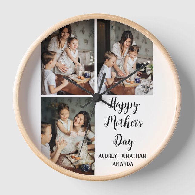 Personalised mothers Day, three photo collage gift Clock (Front)