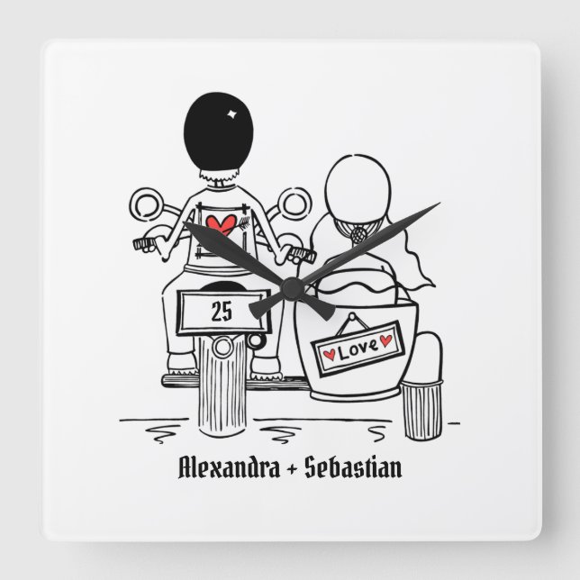 Personalised Motorbike & Sidecar Anniversary Square Wall Clock (Front)