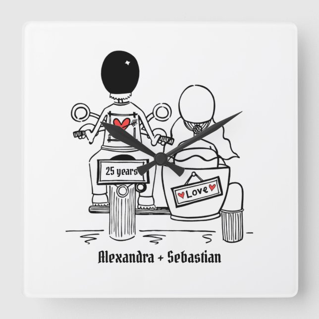 Personalised Motorbike & Sidecar Anniversary Square Wall Clock (Front)