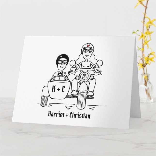 Personalised Motorbike + Sidecar Wedding Card (Yellow Flower)