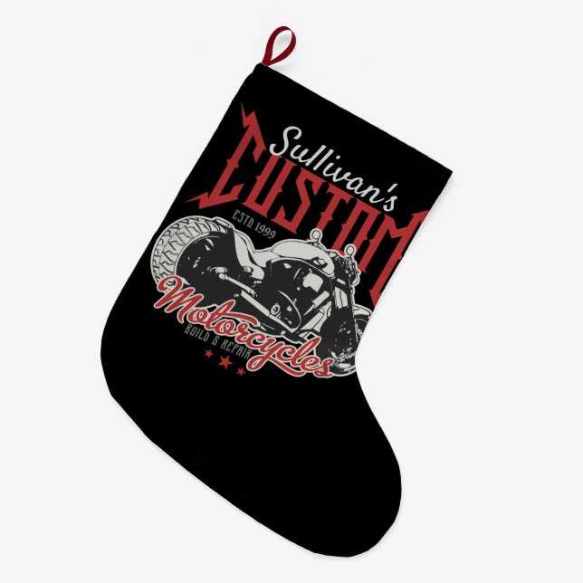  Personalised Motorcycle Big Bad Bike Biker Garage Large Christmas Stocking (Front (Hanging))