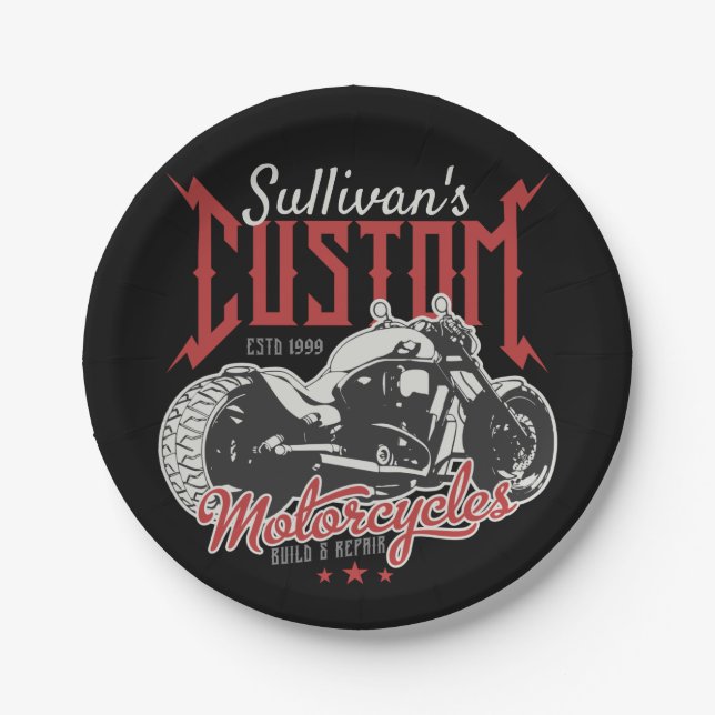 Personalised Motorcycle Big Bad Bike Biker Garage  Paper Plate (Front)