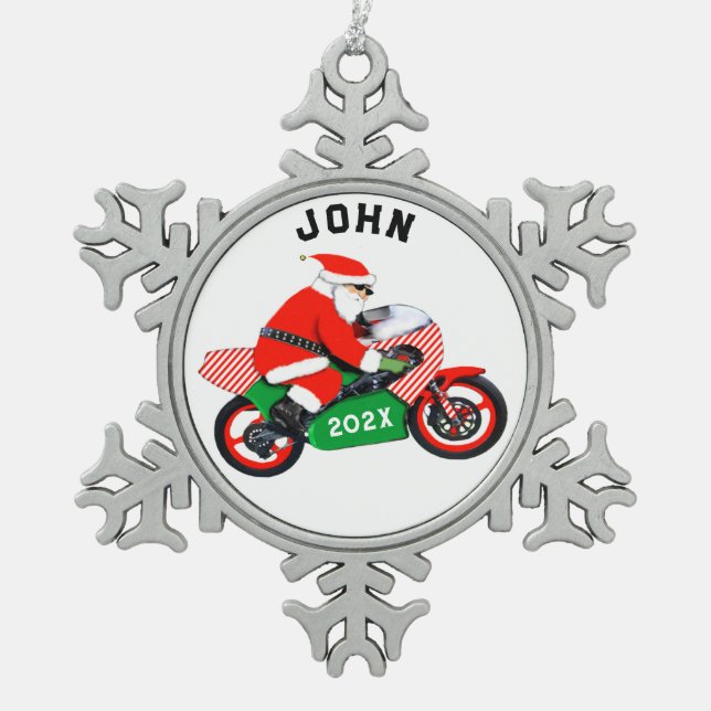 Personalised Motorcycle Christmas Collectable Snowflake Pewter Christmas Ornament (Front)