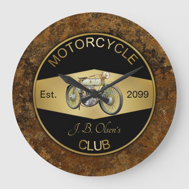 Personalised Motorcycle Club Black & Gold  Large Clock (Front)
