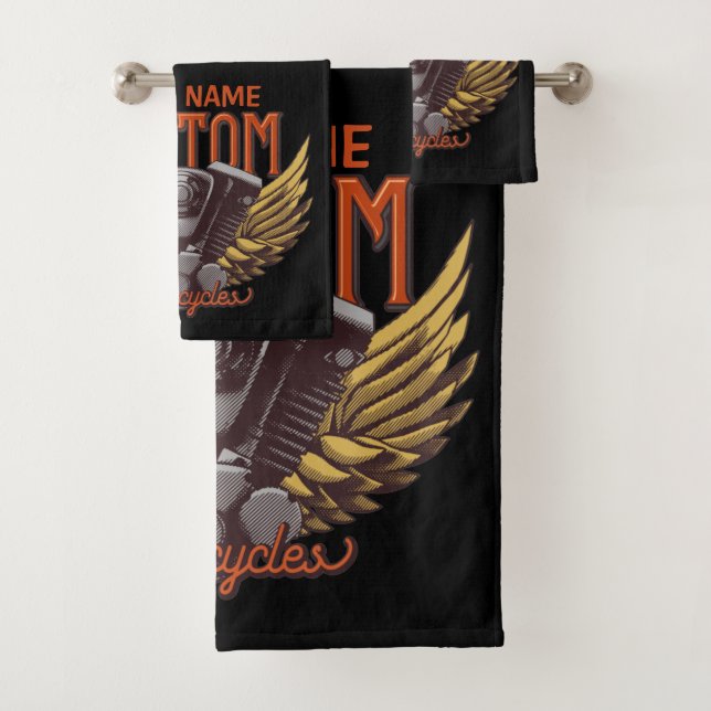  Personalised Motorcycle Eagle Wings Biker Garage  Bath Towel Set (Insitu)
