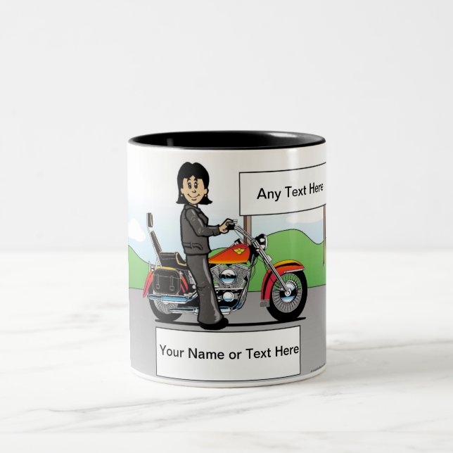 Personalised Motorcycle - Female Cartoon Two-Tone Coffee Mug (Center)