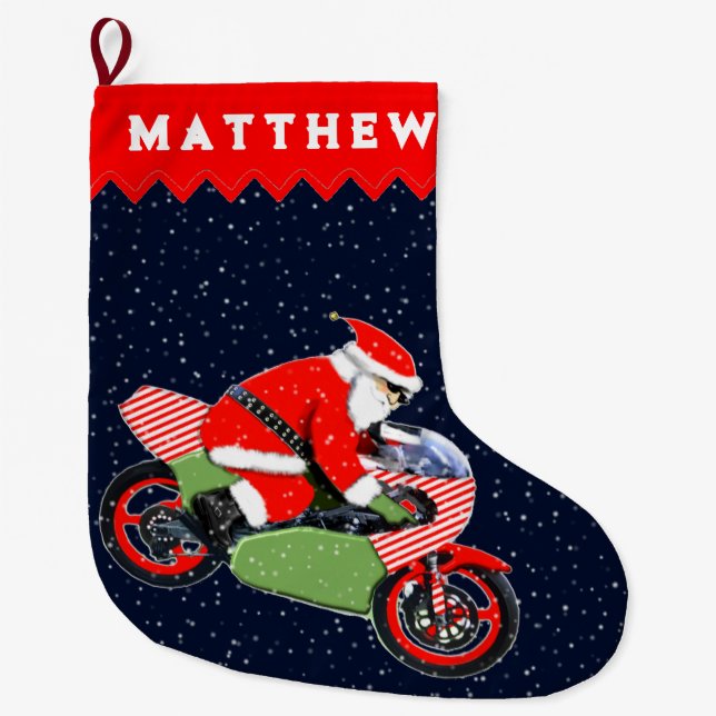 Personalised Motorcycle Holiday Gift Large Christmas Stocking (Front)