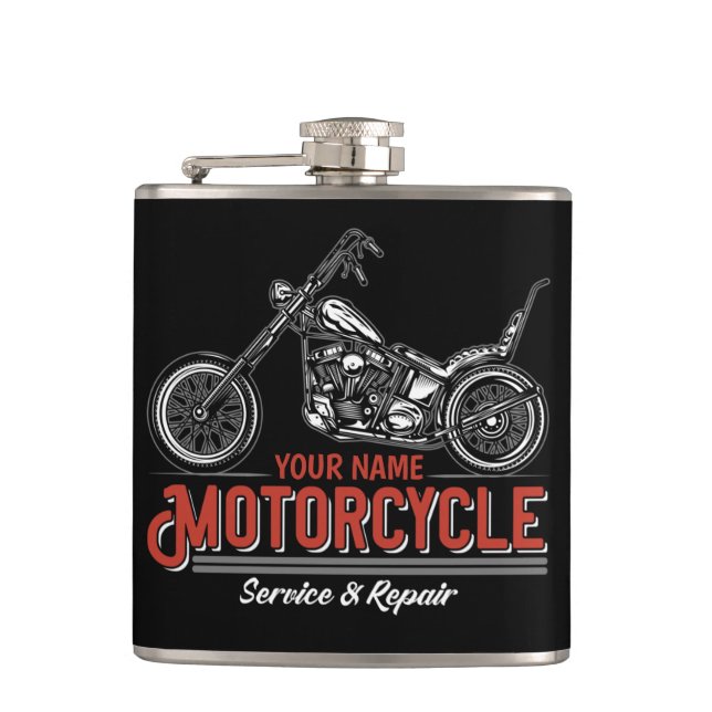 Personalised Motorcycle Service Biker Repair Shop  Hip Flask (Front)