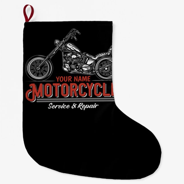 Personalised Motorcycle Service Biker Repair Shop Large Christmas Stocking (Front)