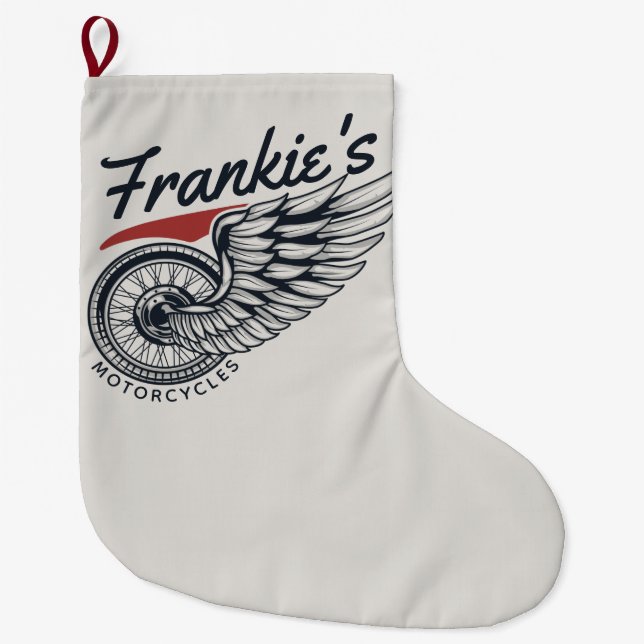 Personalised Motorcycles Flying Tire Biker Shop  Large Christmas Stocking (Front)