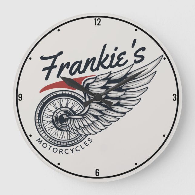 Personalised Motorcycles Flying Tire Biker Shop Large Clock (Front)