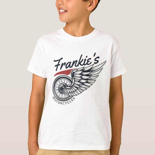 Personalised Motorcycles Flying Tire Biker Shop  T-Shirt (Front)