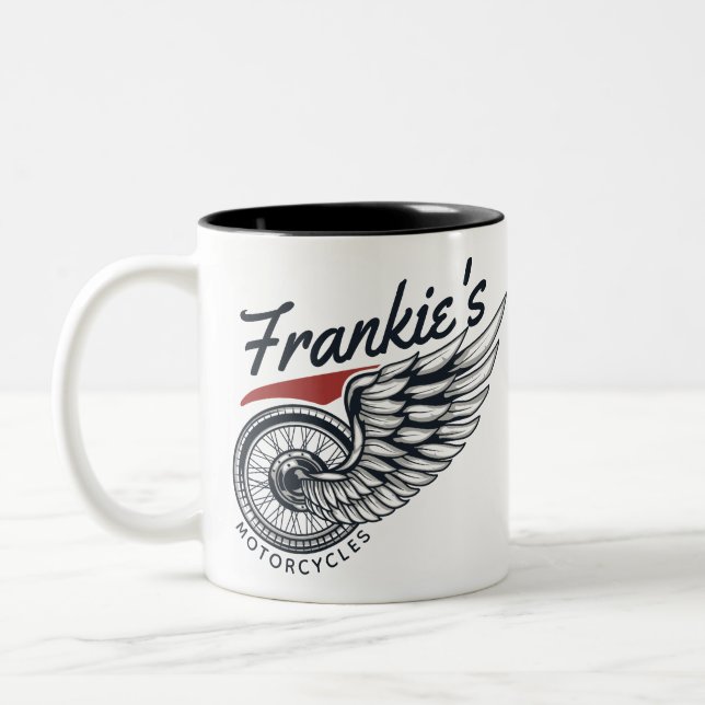 Personalised Motorcycles Flying Tire Biker Shop Two-Tone Coffee Mug (Left)
