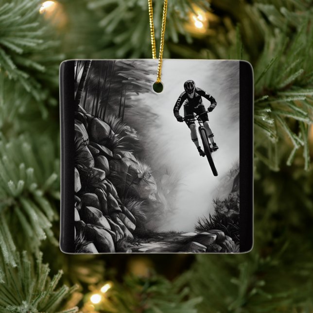 Personalised Mountain Bike Pencil Sketch Christmas Ceramic Ornament (Tree)