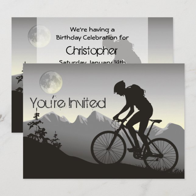 Personalised Mountain Biker and Moon Birthday Invitation (Front/Back)