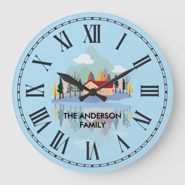 Personalised Mountain Lake Family Nature Scene  Large Clock (Front)