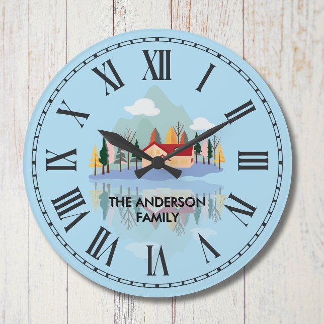 Personalised Mountain Lake Family Nature Scene  Large Clock (Creator Uploaded)