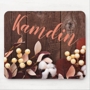 Personalised Mouse Pad Cotton Branch on Dark Wood