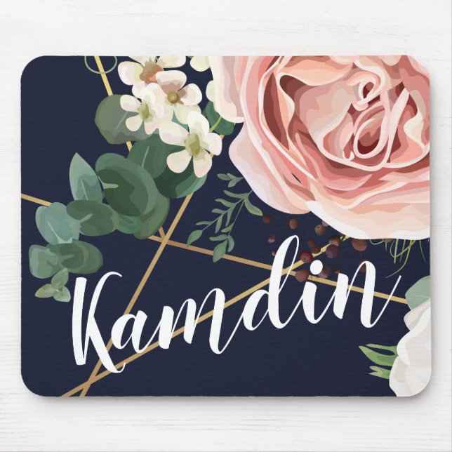 Personalised Mouse Pad Geometric Garden Rose Navy (Front)