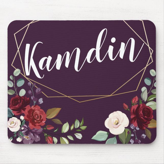 Personalised Mouse Pad Plum Purple Roses Gold Geom (Front)