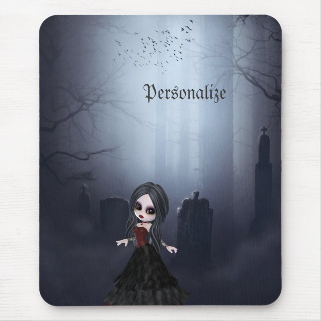Personalised Mousepad. Cute Goth Girl in Graveyard Mouse Mat (Front)