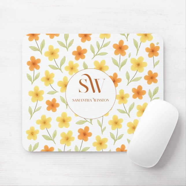 Personalised Mousepad with Orange | Yellow Floral (With Mouse)