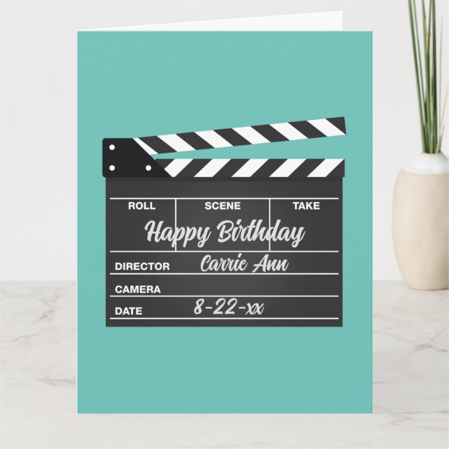 Personalised Movie Clapboard Aqua Birthday Card (Front)