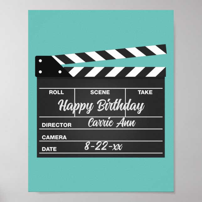 Personalised Movie Clapboard Aqua Birthday Poster (Front)