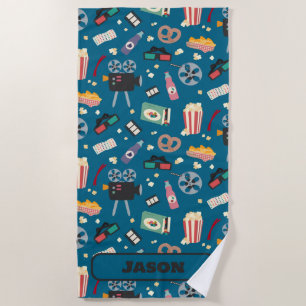 Personalised Movie Night Film Popcorn Pattern Beach Towel