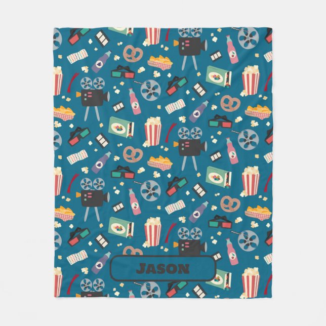 Personalised Movie Night Film Popcorn Pattern Fleece Blanket (Front)