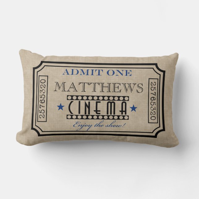 Personalised Movie Theatre Ticket Pillow- blue Lumbar Cushion (Front)