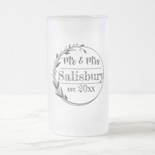 Personalised Mr and Mrs Beer Gift, Wedding Favour Frosted Glass Beer Mug