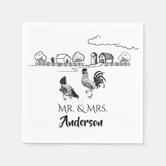 Personalised Mr and Mrs Chicken Farm Wedding Napkin (Front)