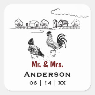 Personalised Mr and Mrs Chicken Farm Wedding Square Sticker