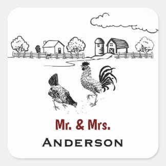 Personalised Mr and Mrs Chicken Farm Wedding Square Sticker