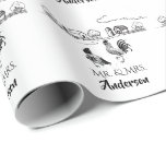 Personalised Mr and Mrs Chickens Farm Wedding Wrapping Paper<br><div class="desc">This black and white Mr. & Mrs. wrapping paper features two chickens,  a rooster and hen in love. They are set against a charming line drawing country farm. It can be personalised with a surname or any text that you wish to add.</div>