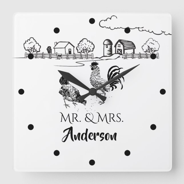 Personalised Mr and Mrs Chickens Rooster Hen Farm Square Wall Clock (Front)