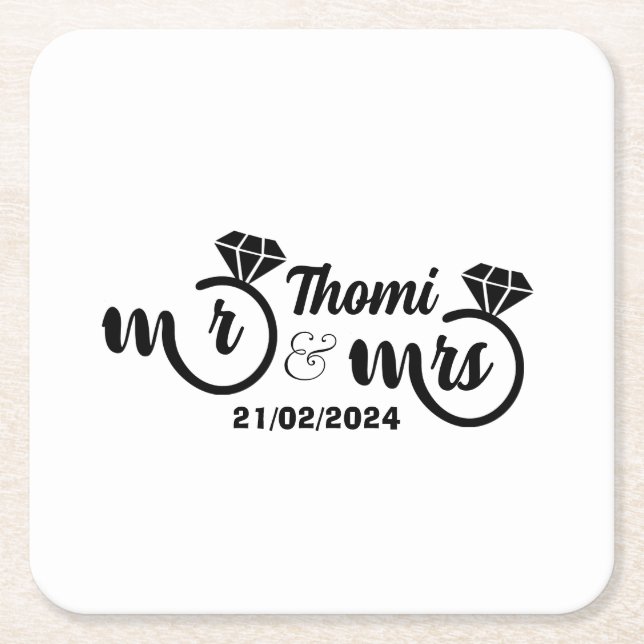personalised mr and mrs elegant wedding square paper coaster (Front)