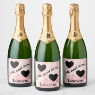 Personalised Mr. and Mrs. Hearts Black White  Sparkling Wine Label
