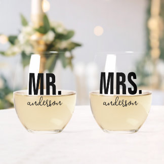 Personalised MR and MRS Name Wedding Newlywed  Stemless Wine Glass
