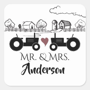 Personalised Mr and Mrs Tractor Couple Farm LOVE Square Sticker