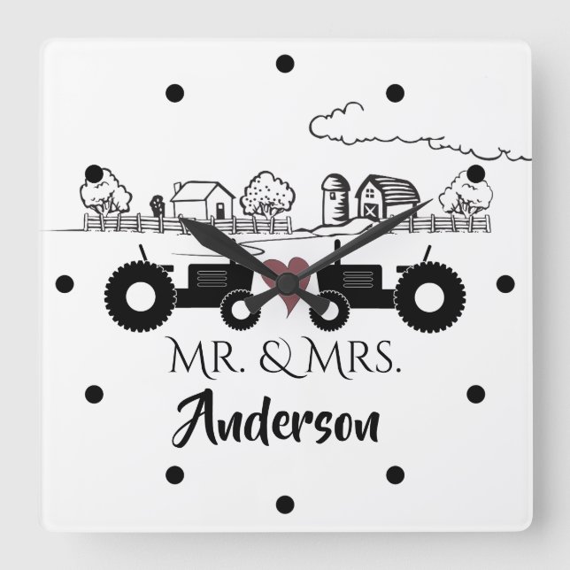Personalised Mr and Mrs Tractor Couple Farm LOVE Square Wall Clock (Front)