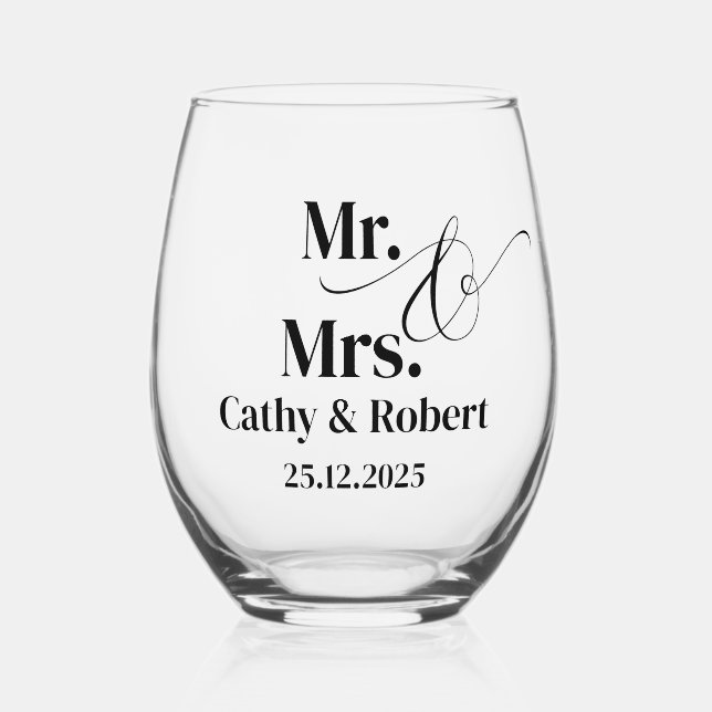 Personalised Mr and Mrs Wedding  Stemless Wine Glass (Front)